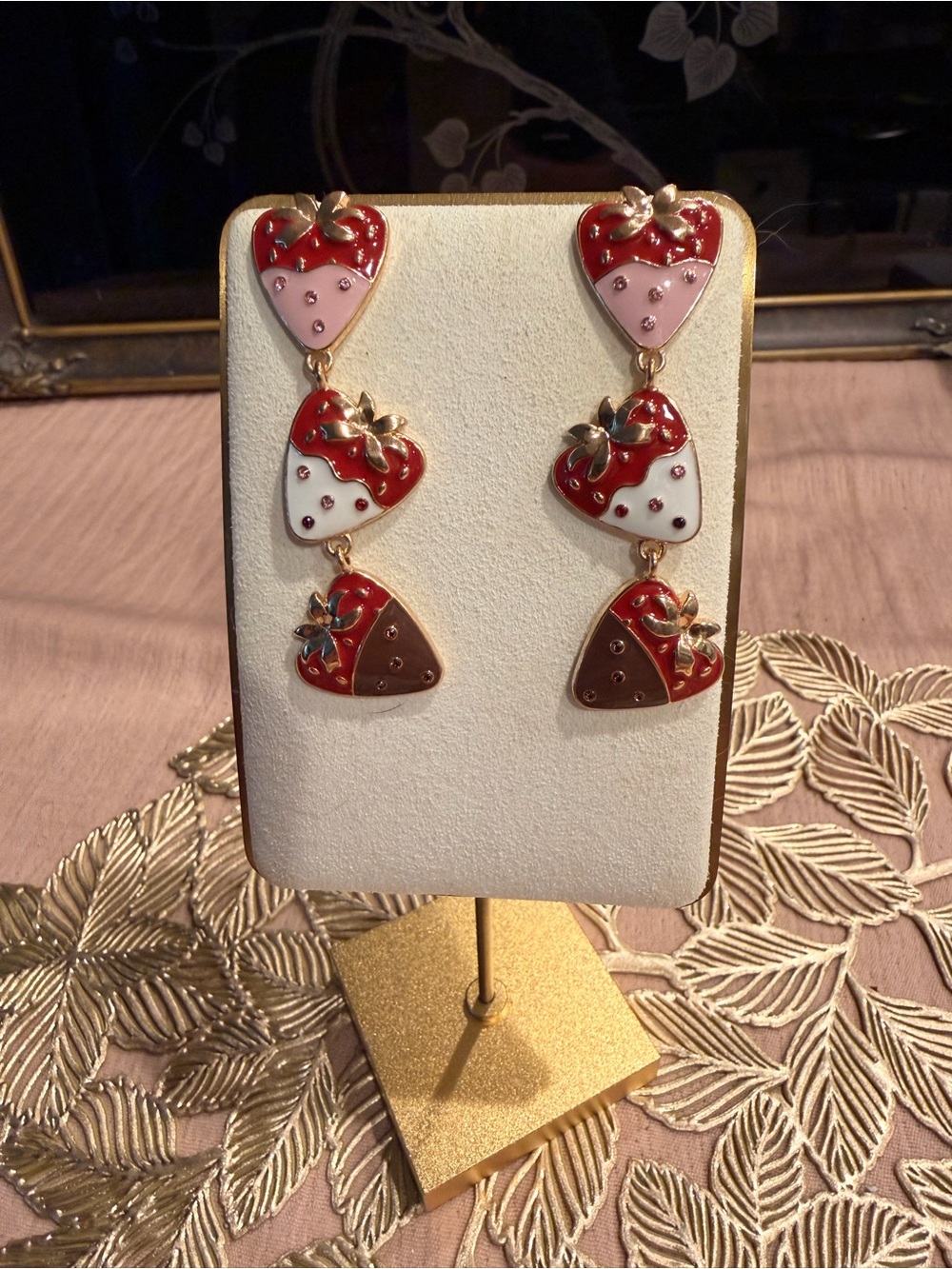 Triple Strawberry Dangle Earrings - Red, Pink, White, Brown - Women Jewelry